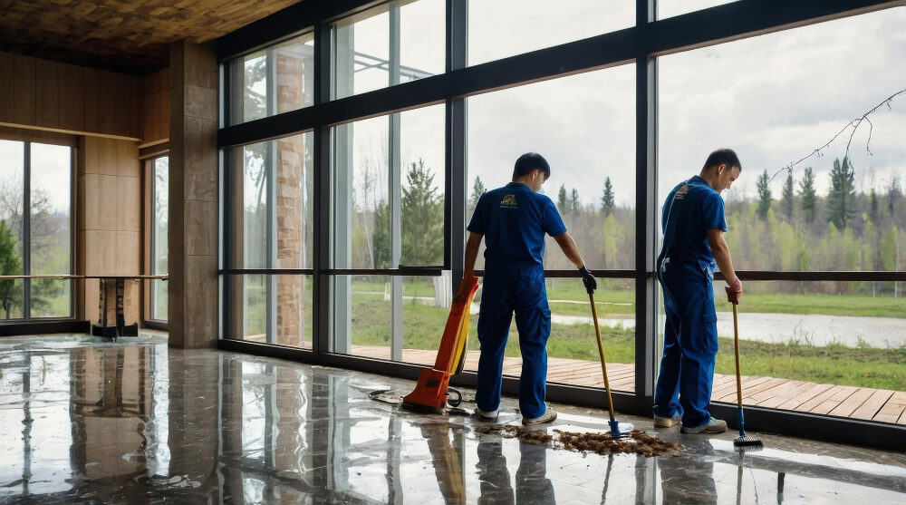 Équipe de nettoyage professionnel entretenant le sol d’un bâtiment multilogements à Montréal